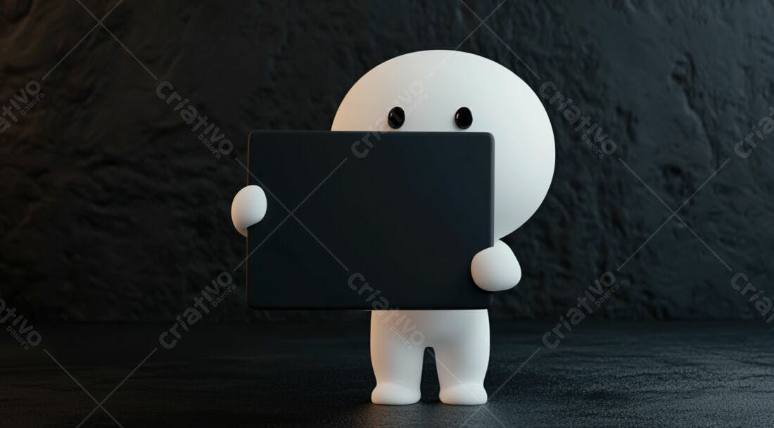 Boneco 3D segurando placa preta fundo escuro