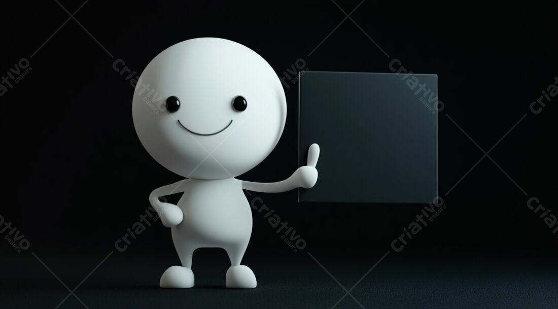 Boneco 3D segurando placa preta fundo escuro