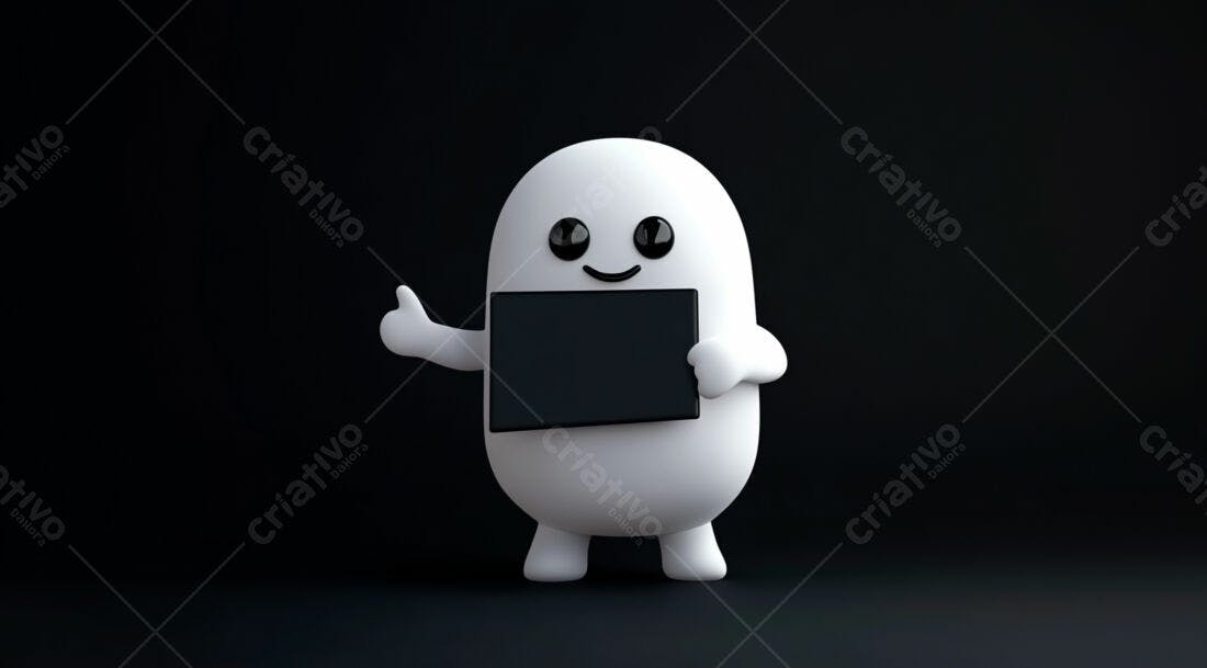 Boneco 3D segurando placa preta fundo escuro
