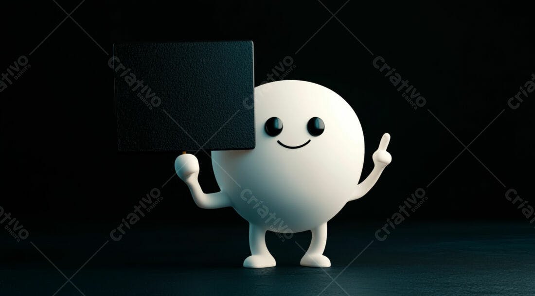 Personagem 3D segurando cartaz preto
