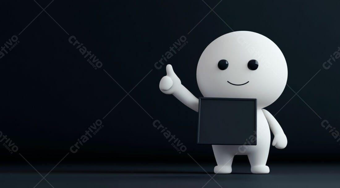 Boneco 3D segurando placa preta fundo escuro