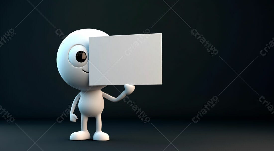 Boneco 3D segurando cartaz branco fundo escuro