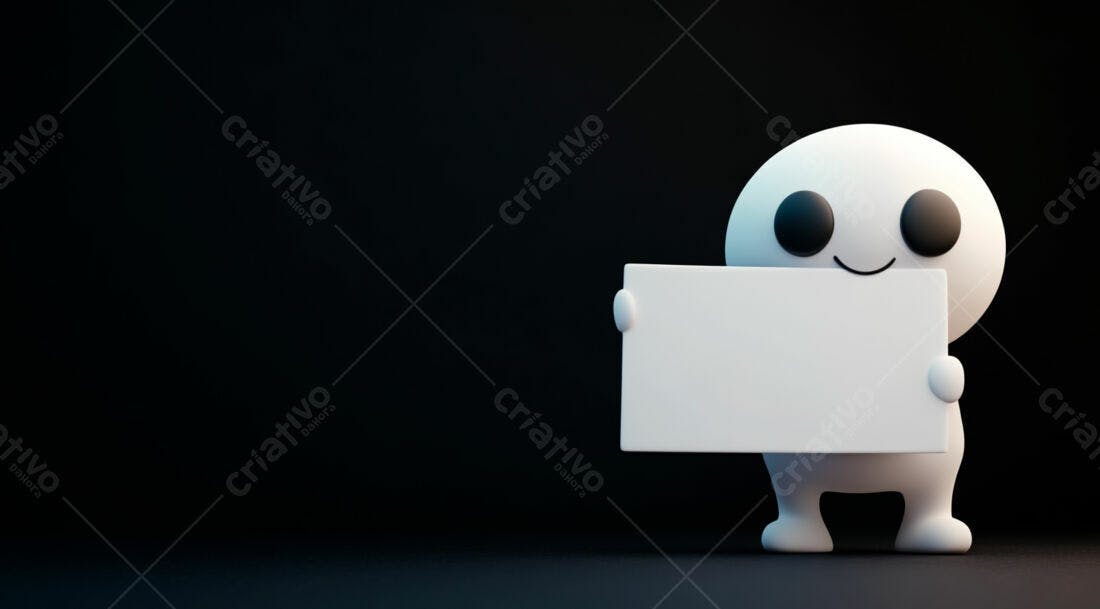 Boneco 3D segurando placa branca fundo preto