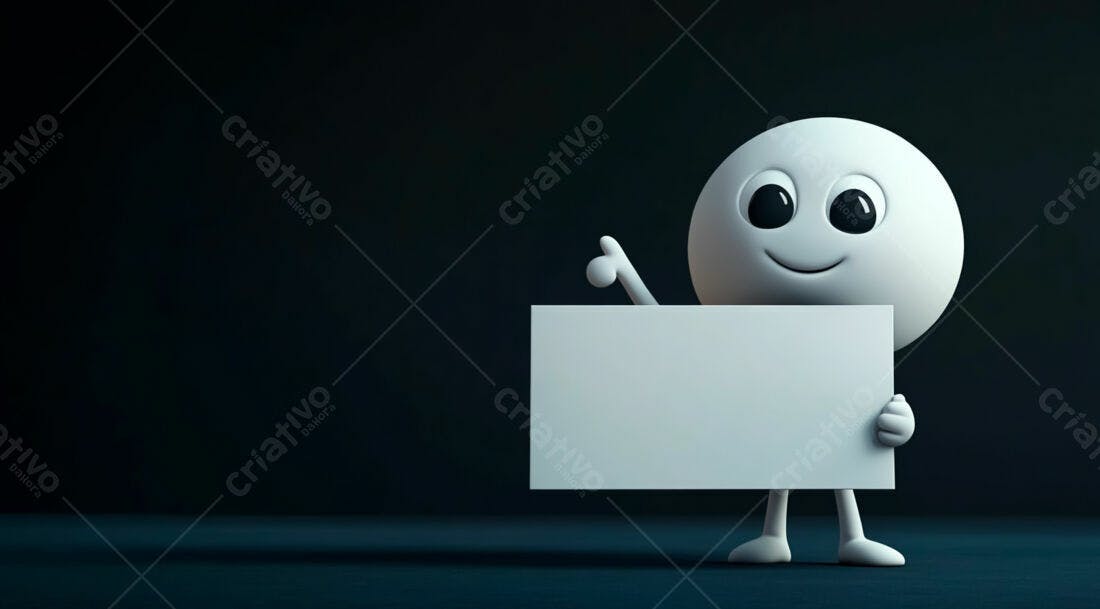 Boneco 3D segurando cartaz branco fundo escuro