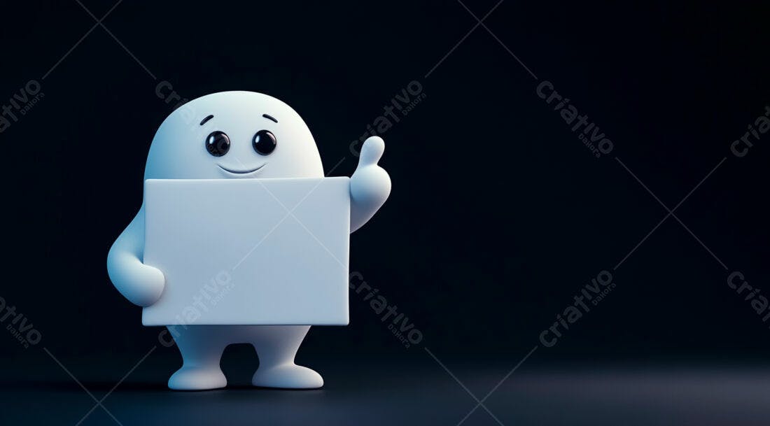 Boneco 3D segurando placa branca fundo escuro