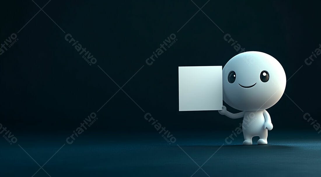 Boneco 3D segurando cartaz branco fundo escuro