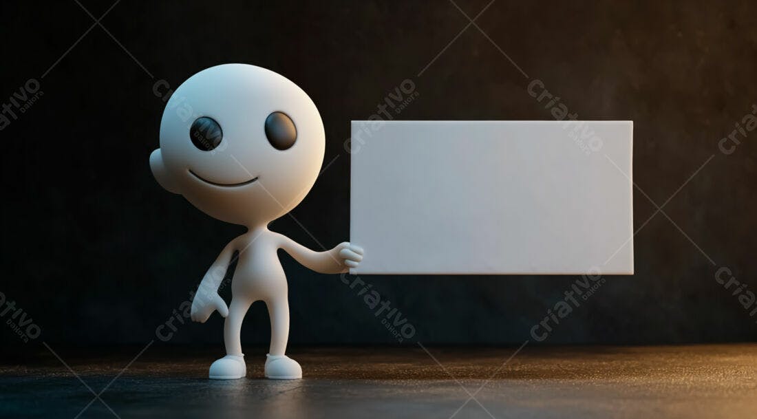 Boneco 3D segurando placa branca fundo escuro
