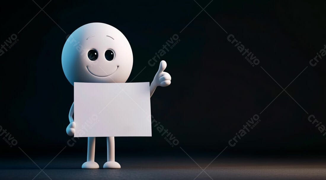Boneco sorridente segurando cartaz branco