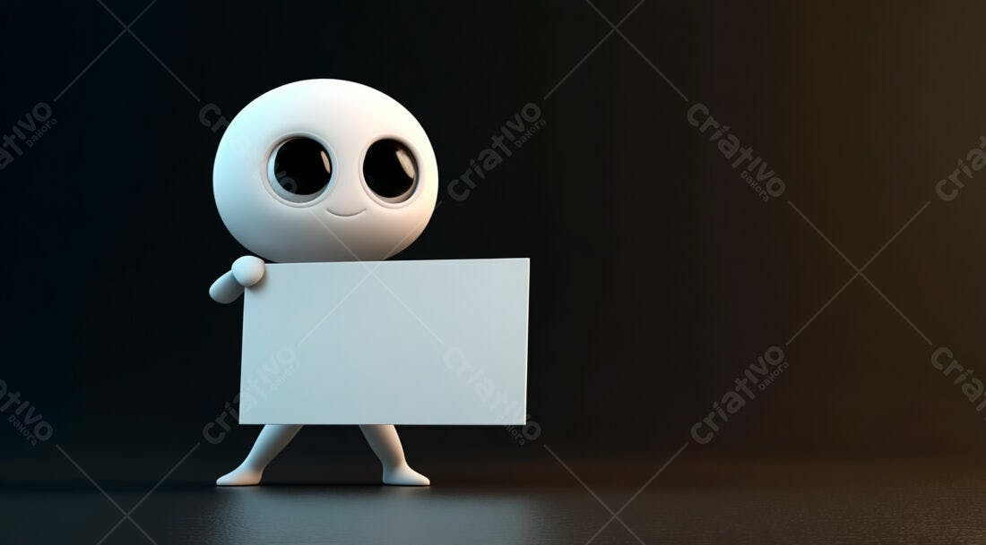 Boneco 3D segurando placa branca fundo escuro