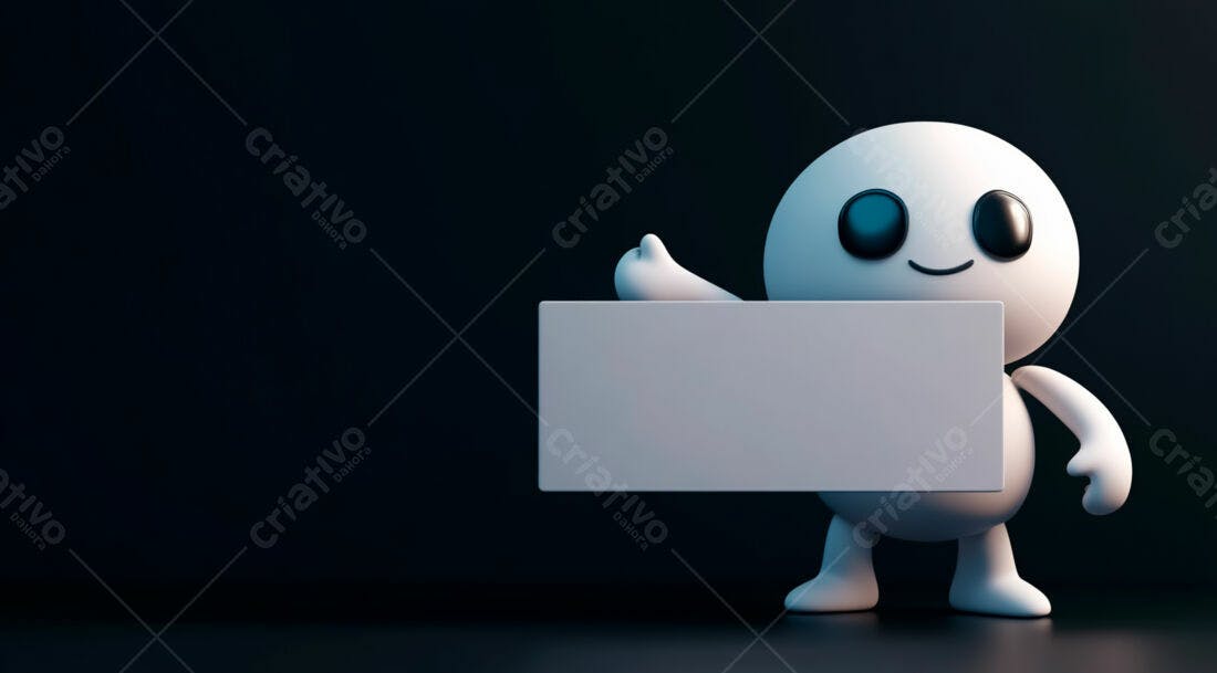 Boneco 3D segurando placa branca fundo escuro