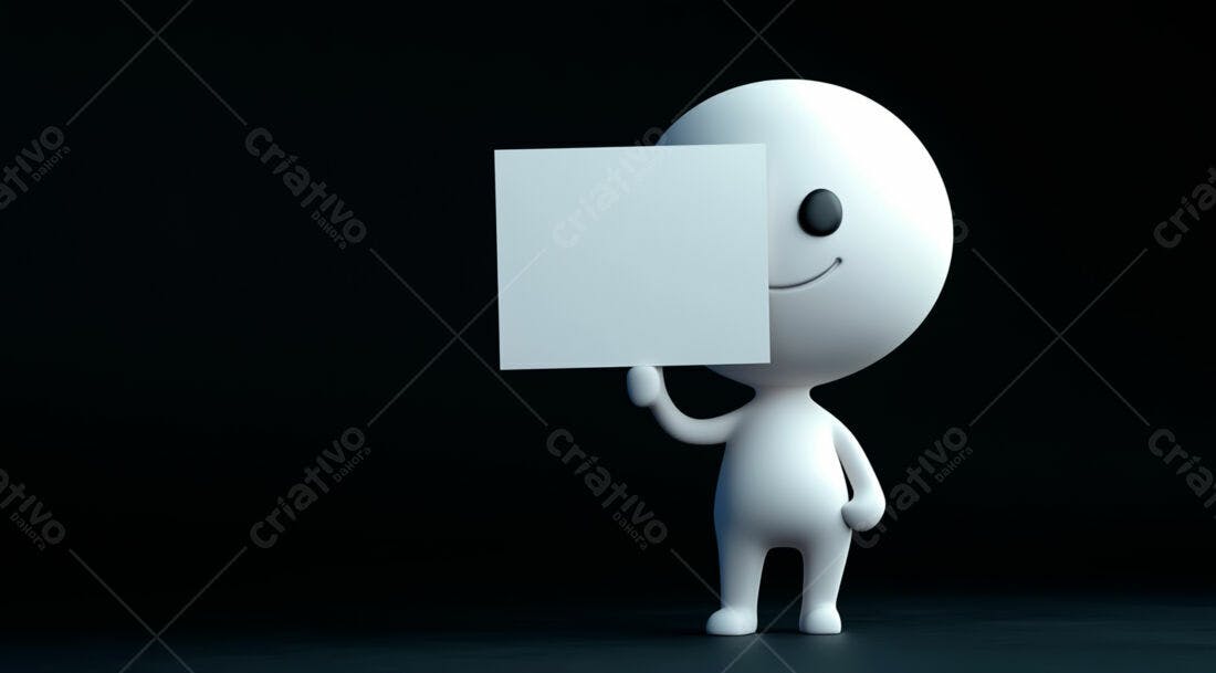 Boneco 3D segurando cartaz branco fundo escuro