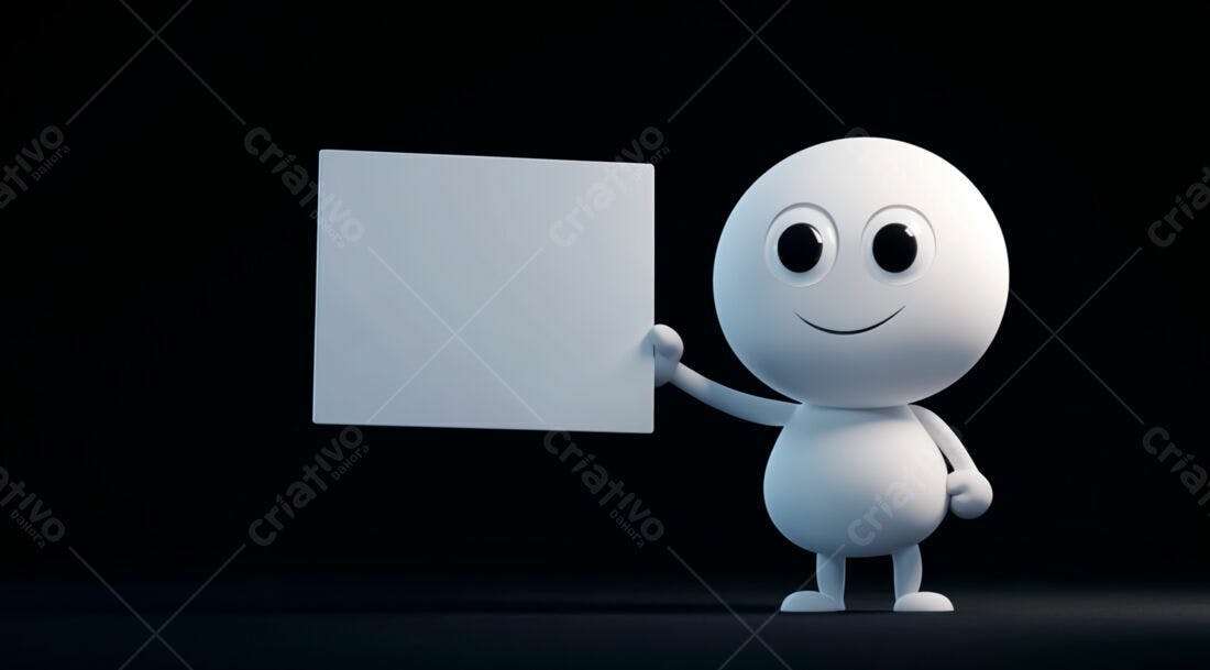 Boneco 3D segurando cartaz branco fundo preto