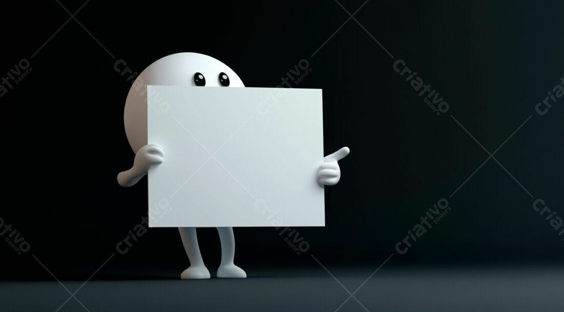 Boneco 3D segurando cartaz branco fundo escuro