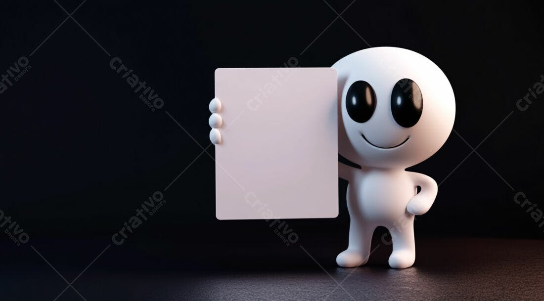 Boneco 3D segurando cartaz branco fundo escuro