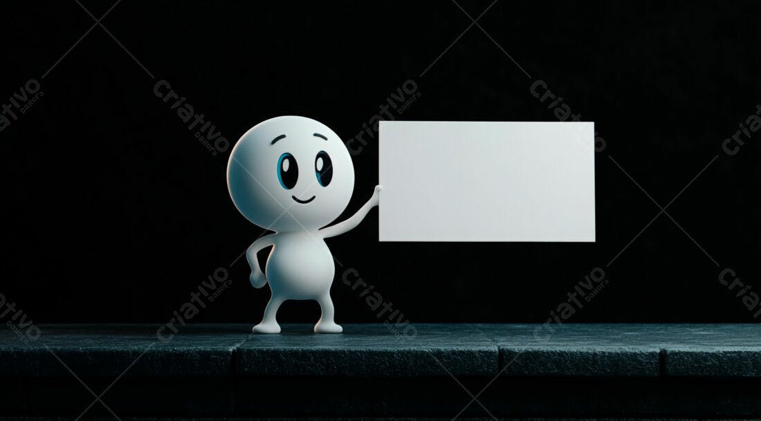 Boneco 3D segurando cartaz branco fundo escuro