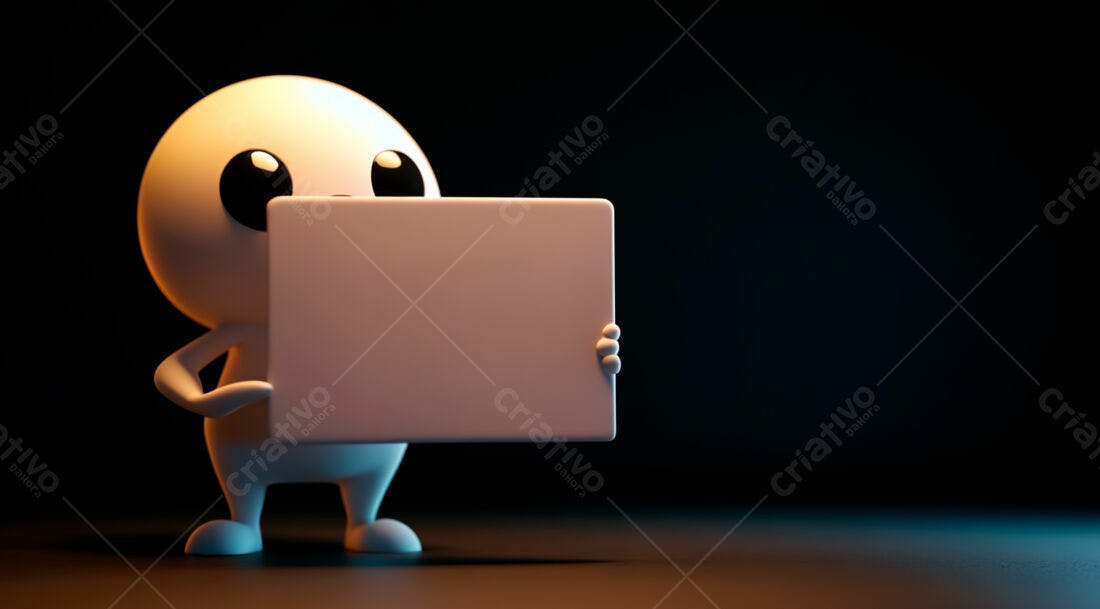 Boneco 3D segurando placa branca fundo escuro