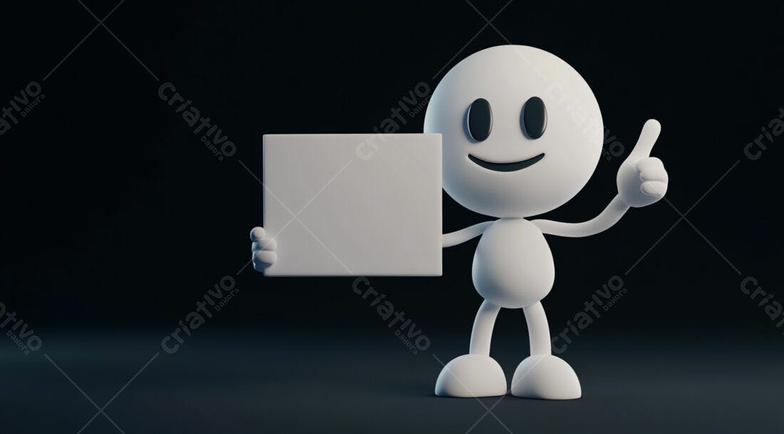 Boneco 3D segurando placa branca fundo escuro