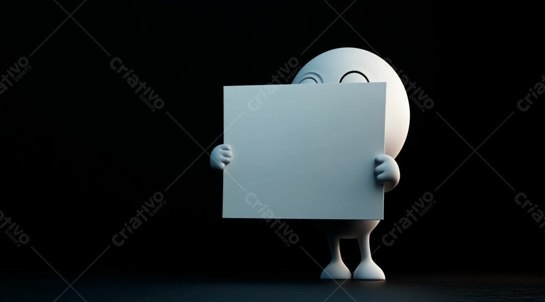 Boneco branco segurando cartaz fundo preto
