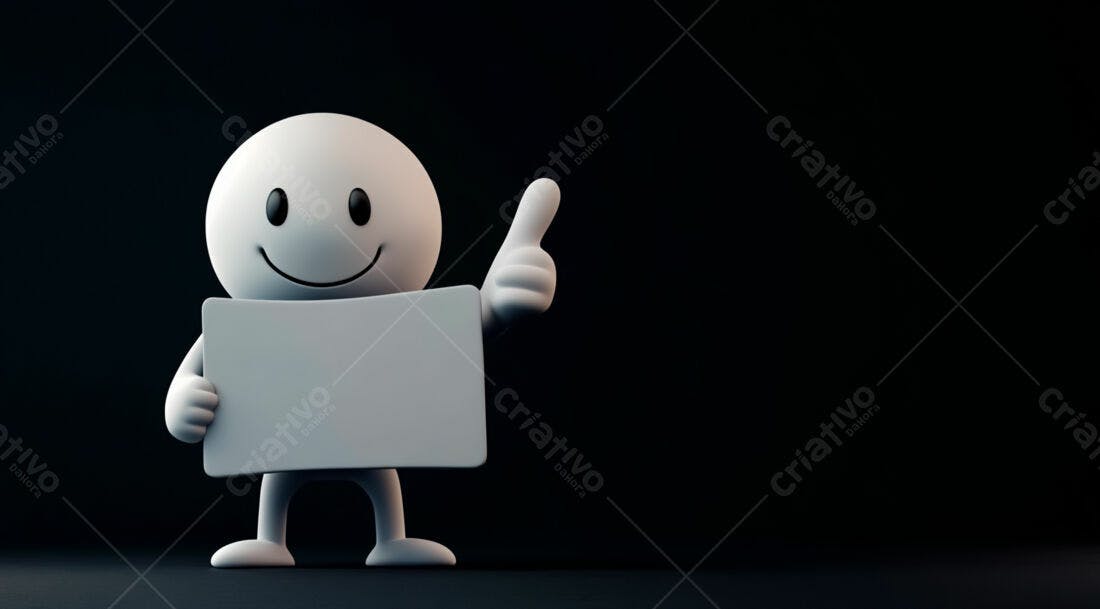 Boneco sorridente segurando placa em fundo escuro