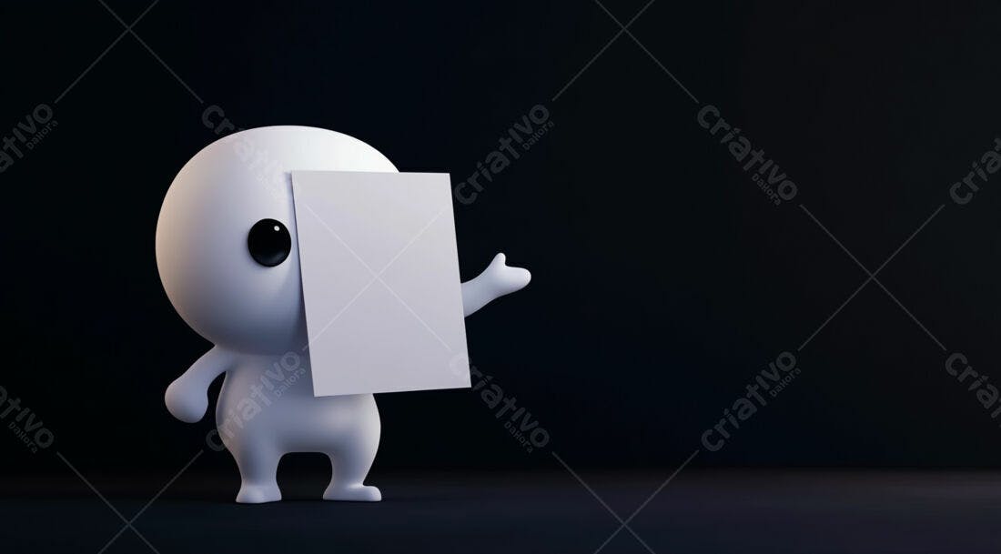Boneco 3D apresentando cartaz branco fundo escuro
