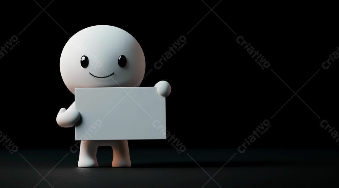 Boneco 3D segurando placa branca fundo preto