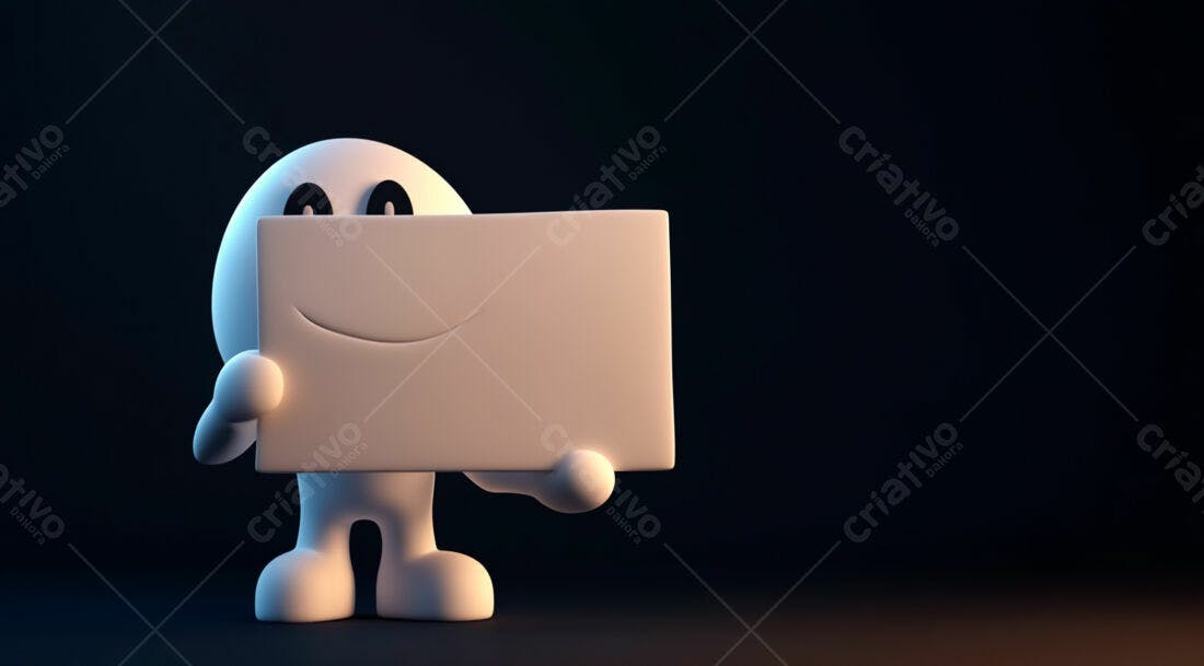 Boneco 3D segurando cartaz branco fundo escuro