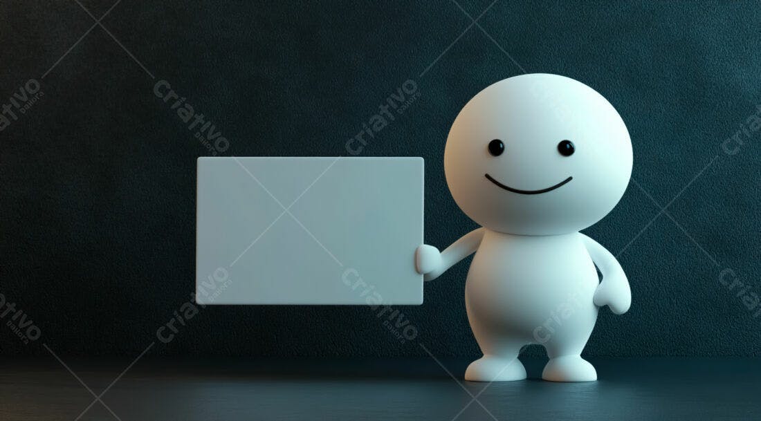 Boneco 3D segurando placa branca fundo escuro