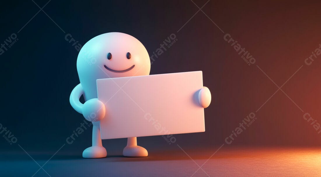 Boneco 3D segurando placa branca fundo escuro