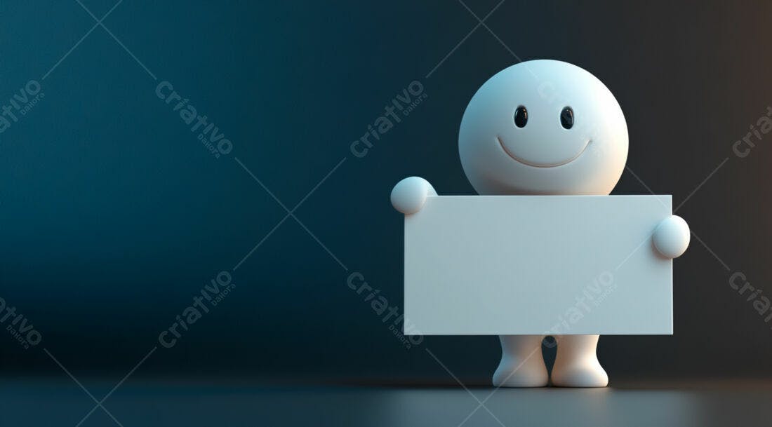 Boneco 3D segurando cartaz branco fundo azul