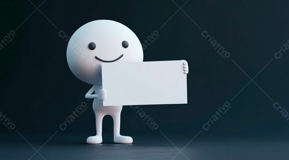 Boneco 3D segurando cartaz branco fundo escuro