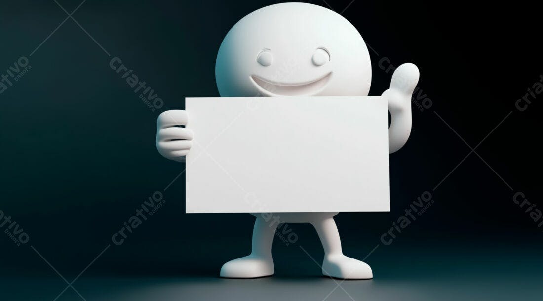 Boneco 3D segurando cartaz branco fundo escuro