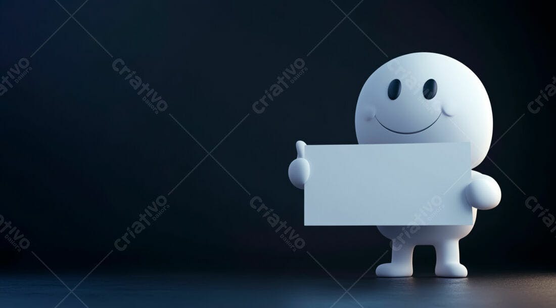 Boneco 3D segurando cartaz branco fundo escuro