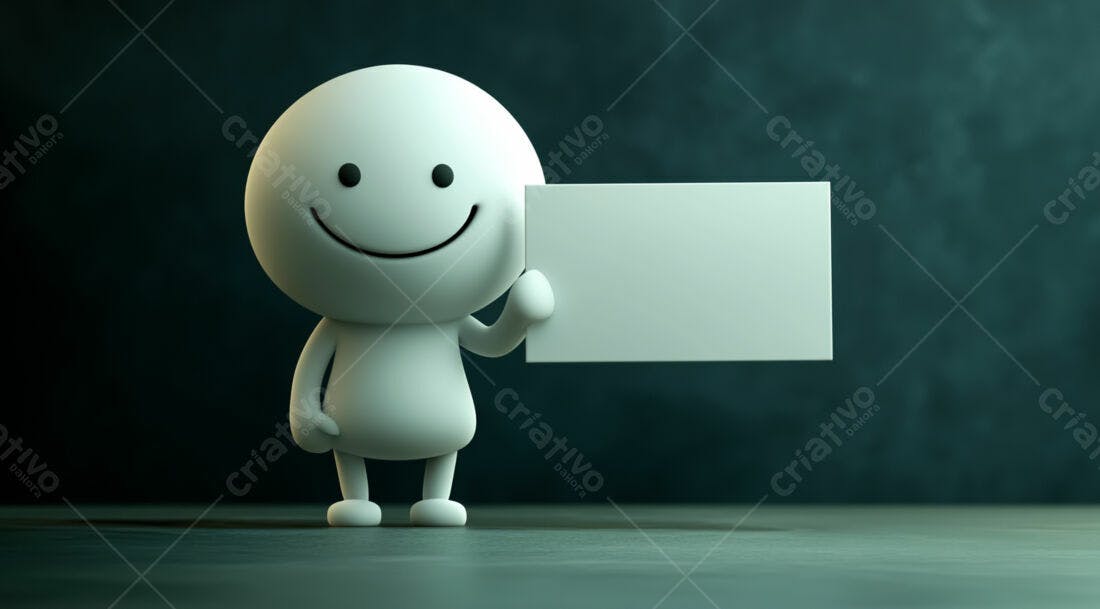 Boneco 3D segurando cartaz branco fundo escuro