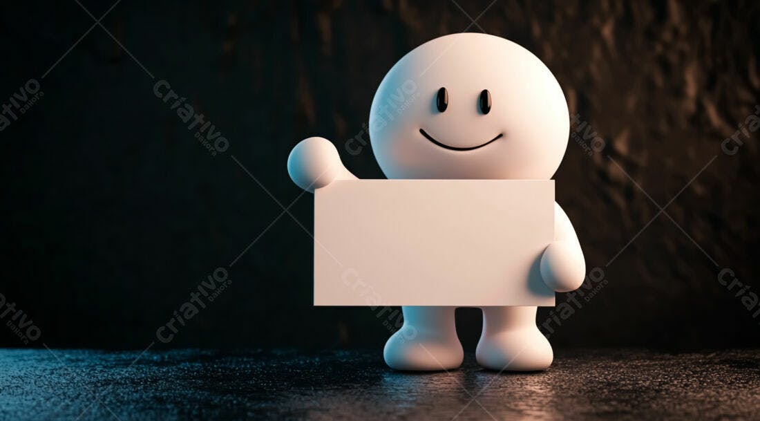 Boneco 3D segurando placa branca fundo escuro