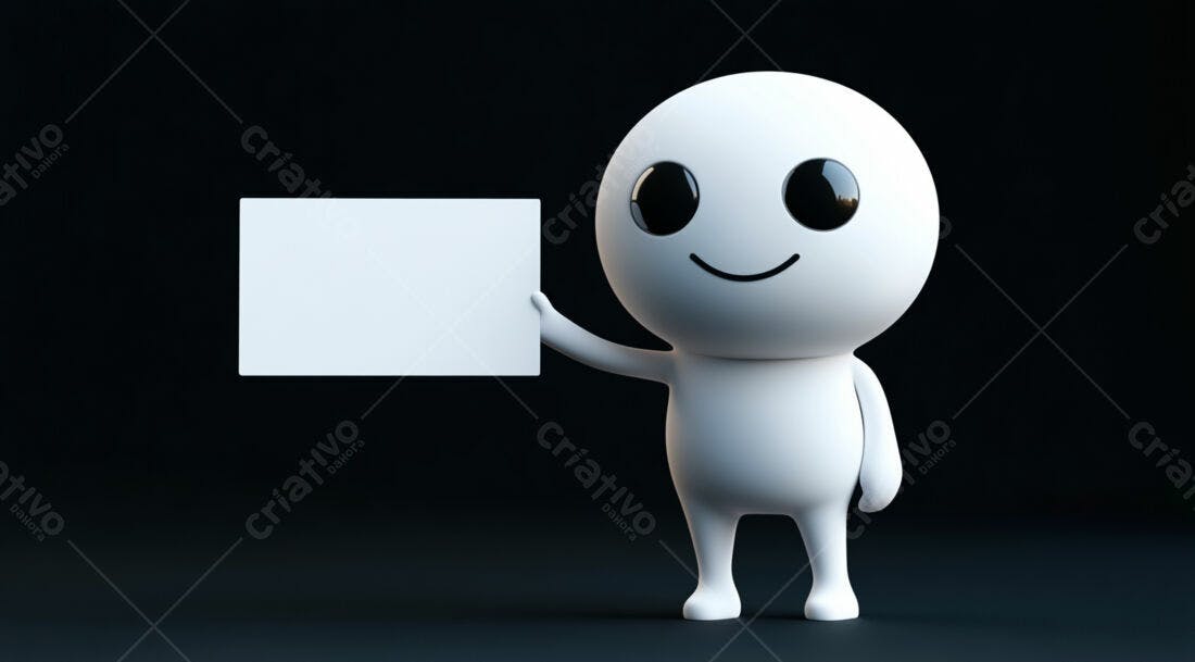 Boneco 3D segurando cartão branco fundo preto