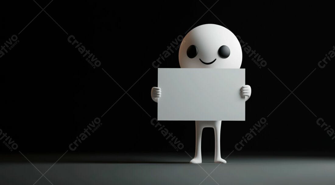 Boneco 3D segurando cartaz branco fundo preto