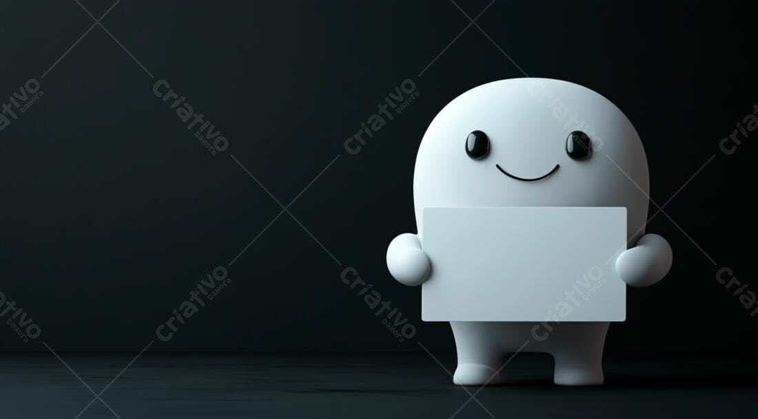Boneco 3D segurando cartaz branco fundo escuro