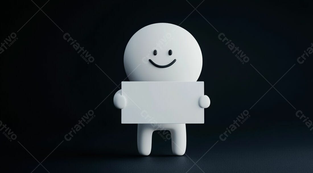 Boneco 3D segurando placa branca fundo escuro