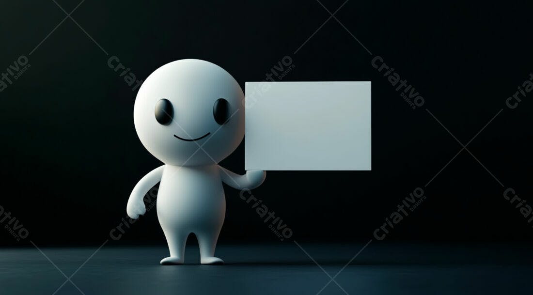 Boneco 3D segurando cartaz branco fundo escuro