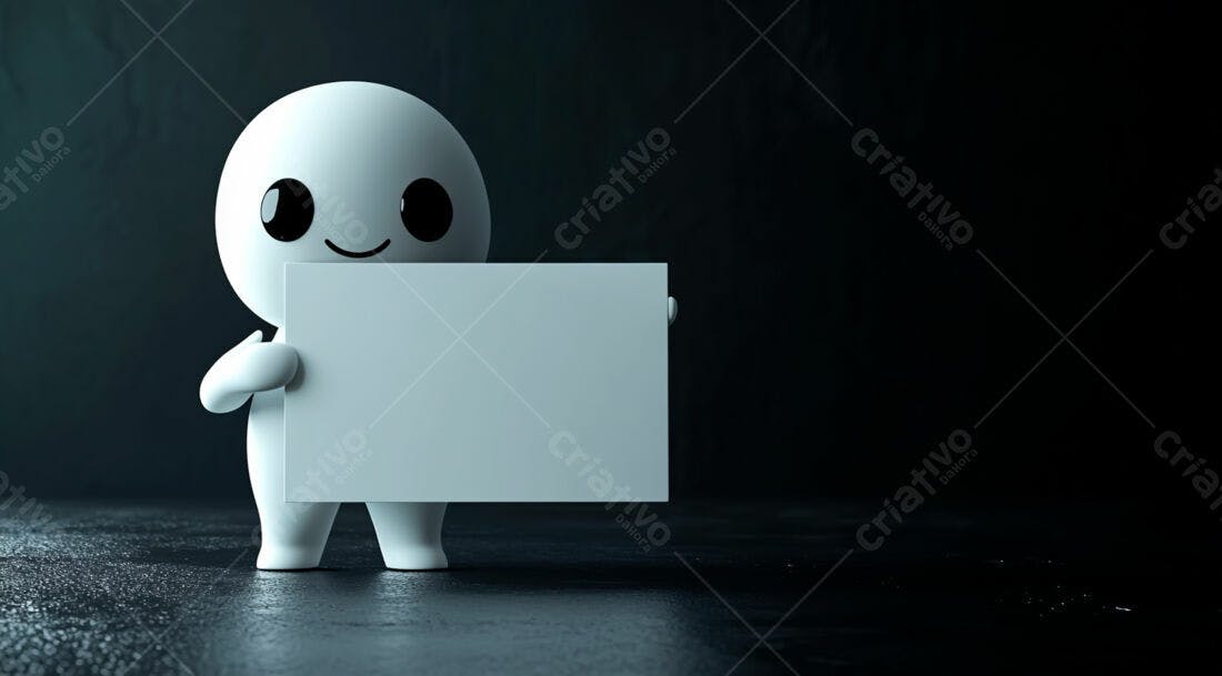 Boneco 3D segurando cartaz branco fundo escuro