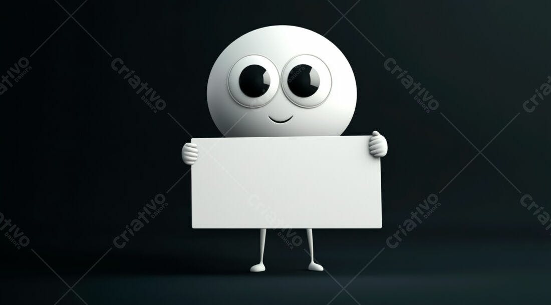 Boneco 3D segurando cartaz branco fundo escuro