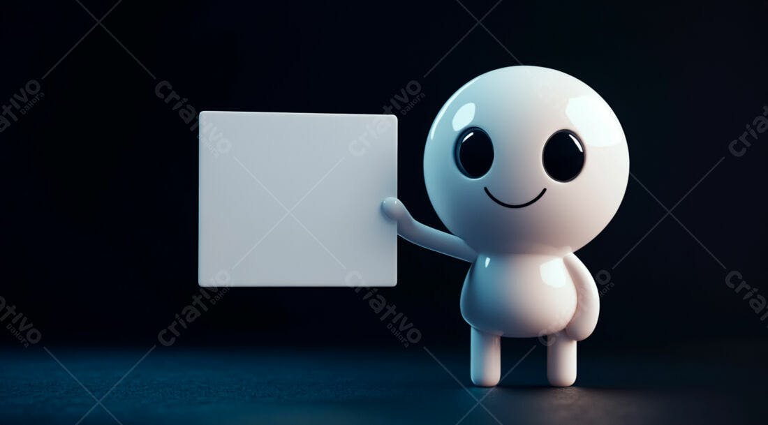 Boneco 3D segurando cartaz branco fundo escuro