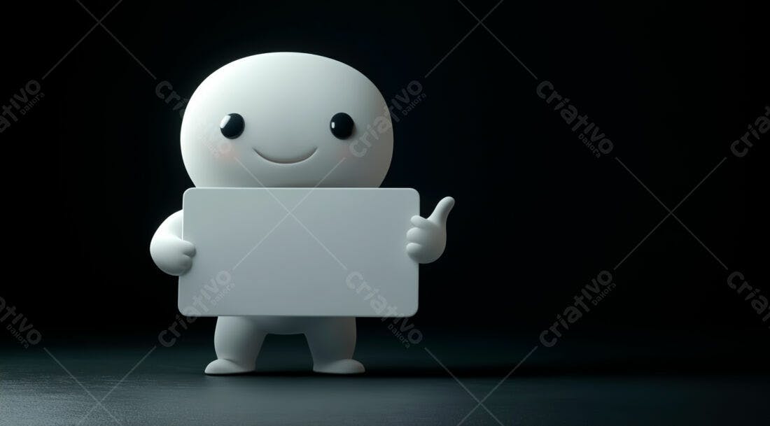 Boneco 3D segurando cartaz branco