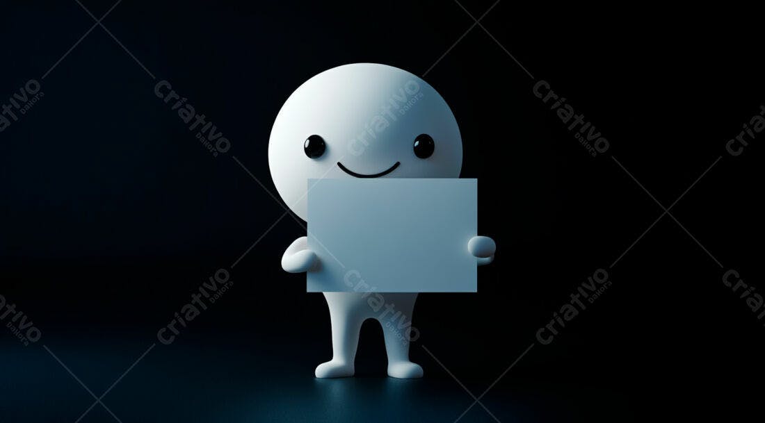 Boneco 3D segurando cartaz branco fundo escuro