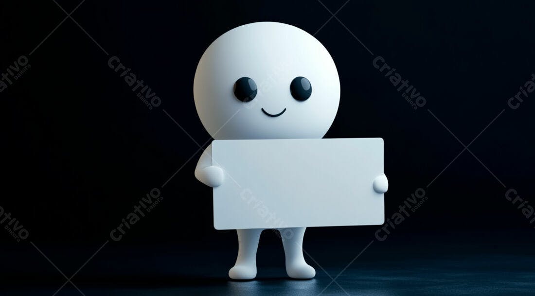 Boneco 3D segurando placa branca fundo escuro