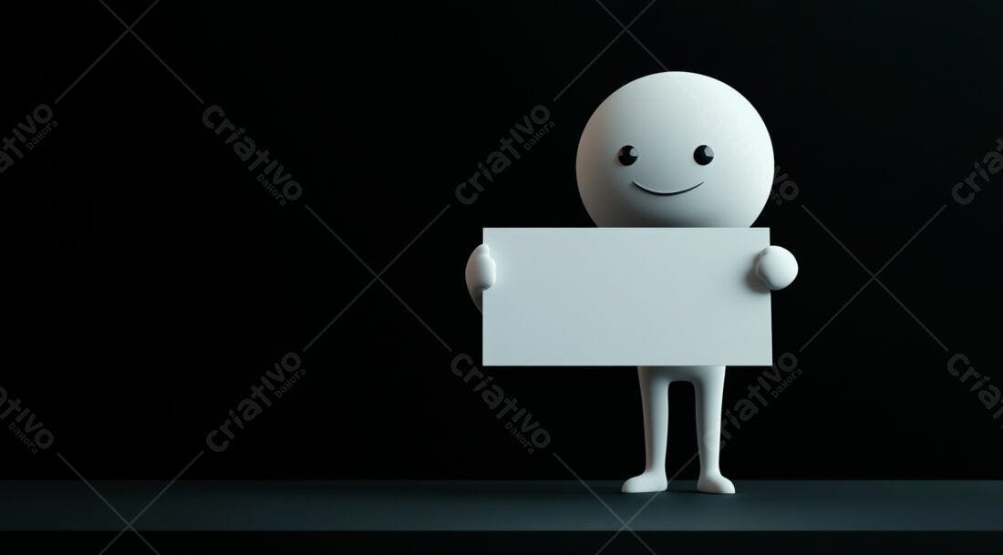 Boneco 3D segurando cartaz branco fundo preto