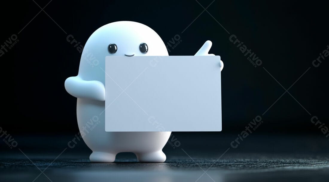 Boneco 3D segurando cartaz branco fundo escuro