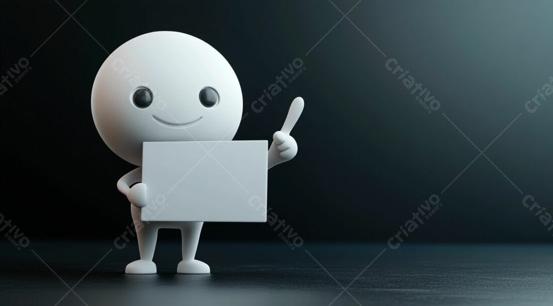 Boneco 3D segurando placa branca fundo escuro