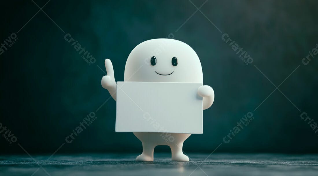 Boneco branco segurando cartaz fundo escuro