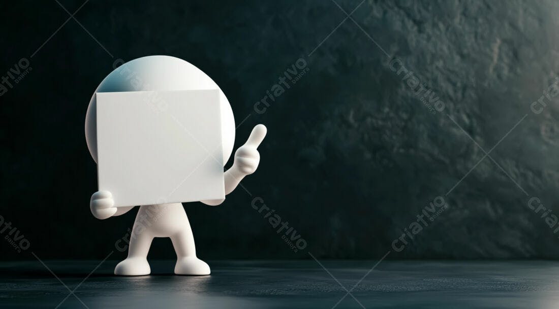 Boneco branco segurando cartaz fundo escuro